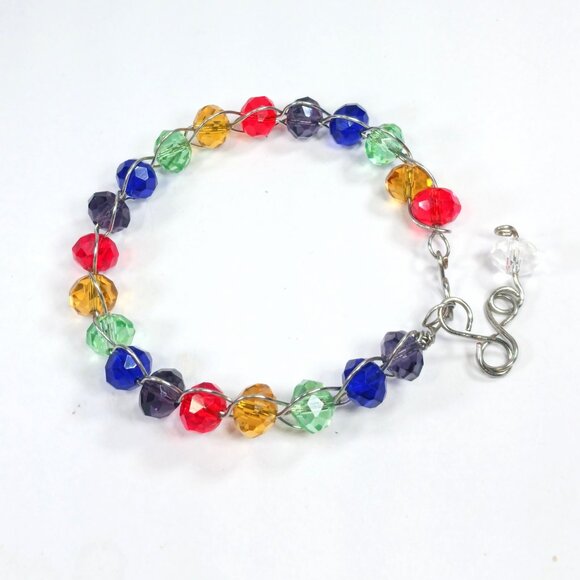 Rainbow Faceted Crystal Beaded Wire-Wrapped Bracelet - Picture 7 of 9